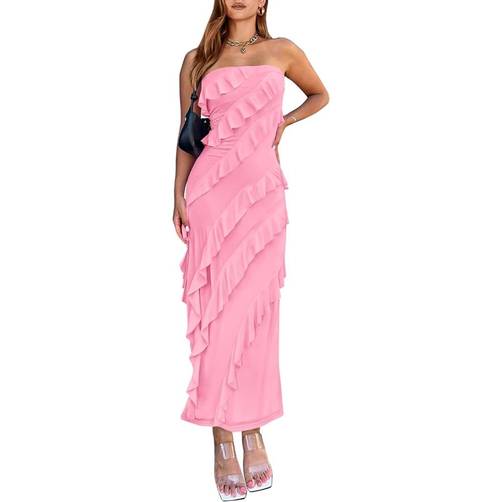 Women Summer Elegant Strapless Midi Ruched Bodycon Dress Solid Color Stretch